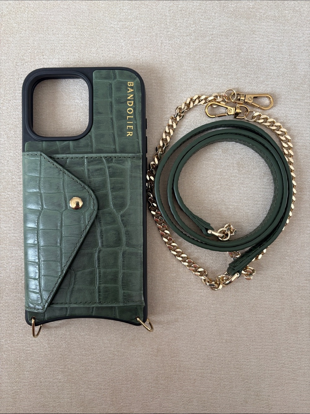 16 Pro Max Bandolier Green Croc-Embossed Leather Crossbody Phone Case